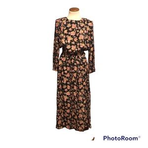 Vintage 1990s Lisa II Belted Dress Black Floral Cottagecore Womens 10